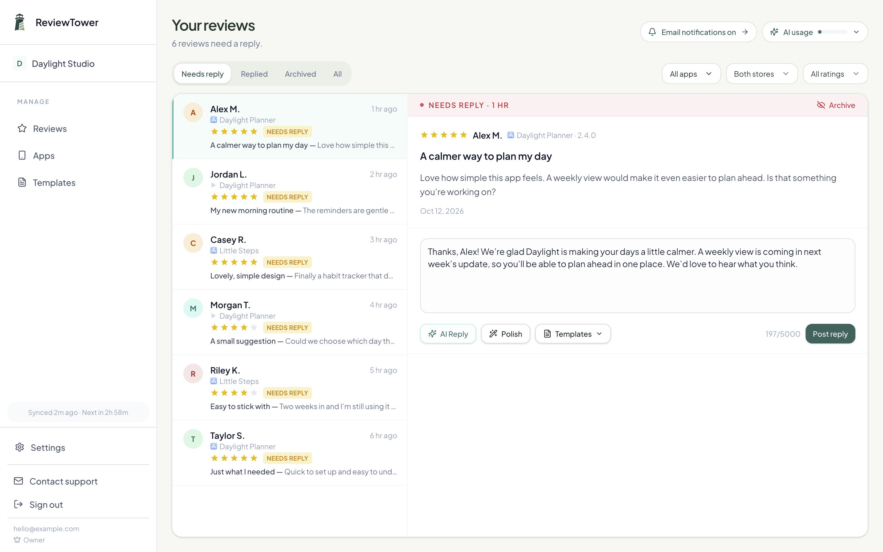 ReviewTower’s review inbox showing App Store and Google Play reviews, with a reply draft and AI Reply, Polish, and Templates controls.